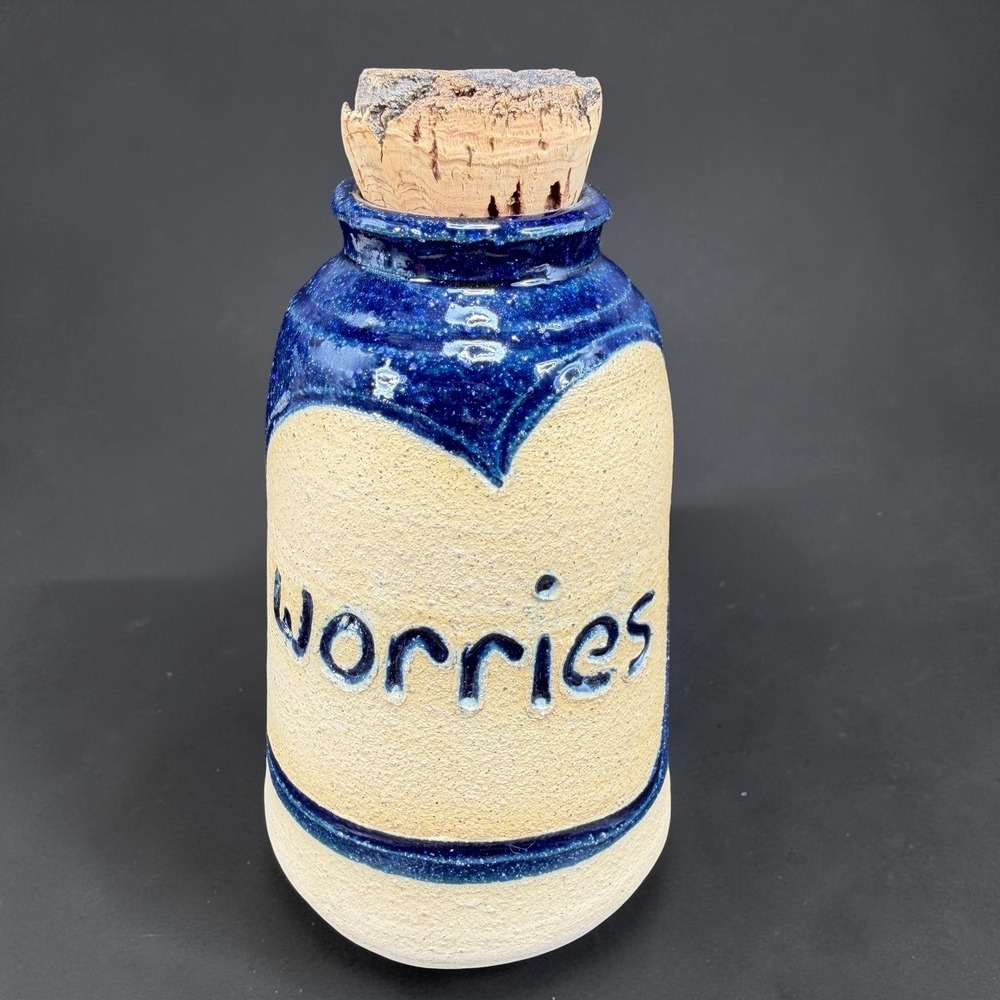 Studio Pottery Worries Jar Blue Glazed Stoneware Cork Top Crock Bottle Container